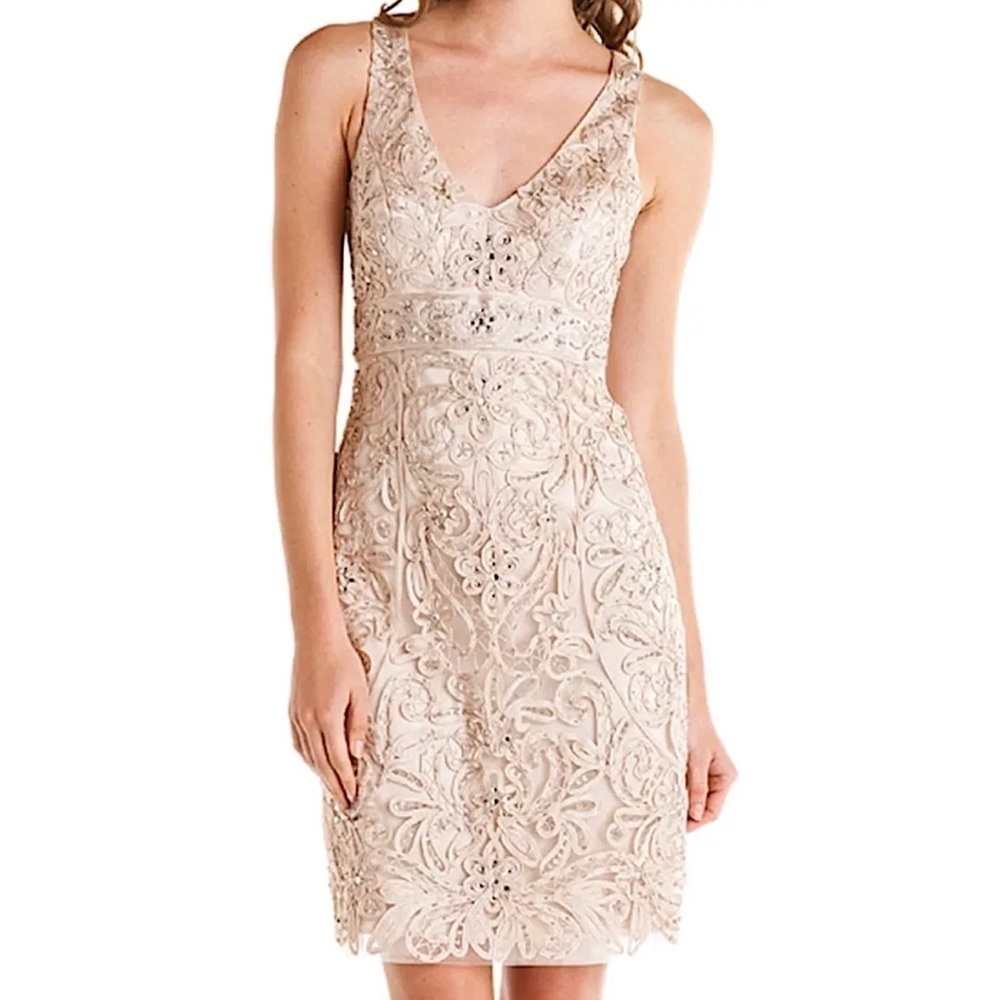 SUE WONG 8 Champagne Beige Nude Beaded Embroidered Cocktail Formal dress